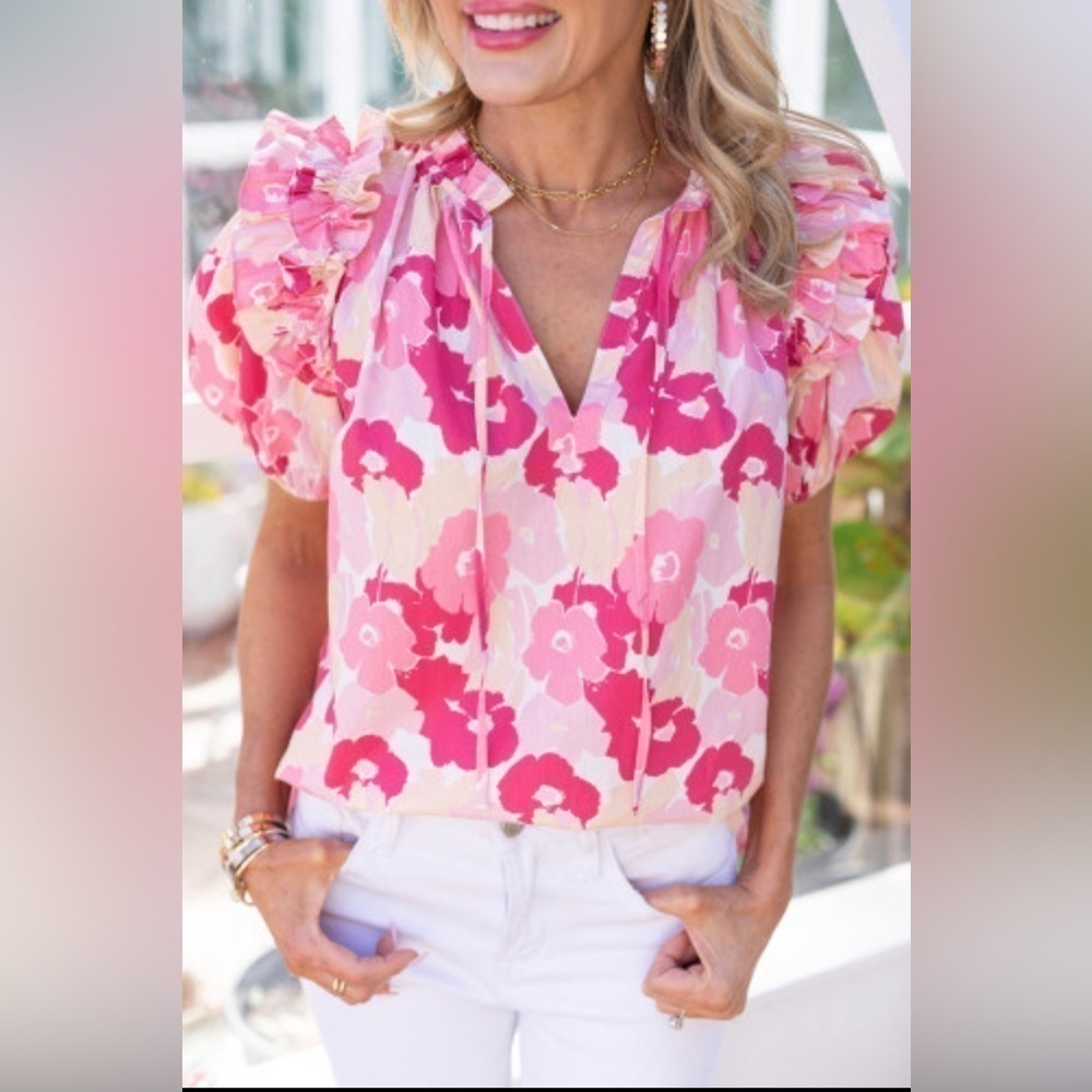 Pink Split Neck Ruffled Puff Sleeve Floral print